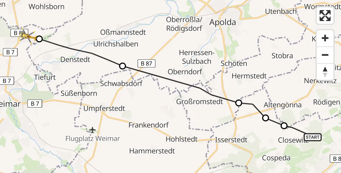 Flugroute Rettungshubschrauber Jena - Weimar, 11 August 2026, 15:09