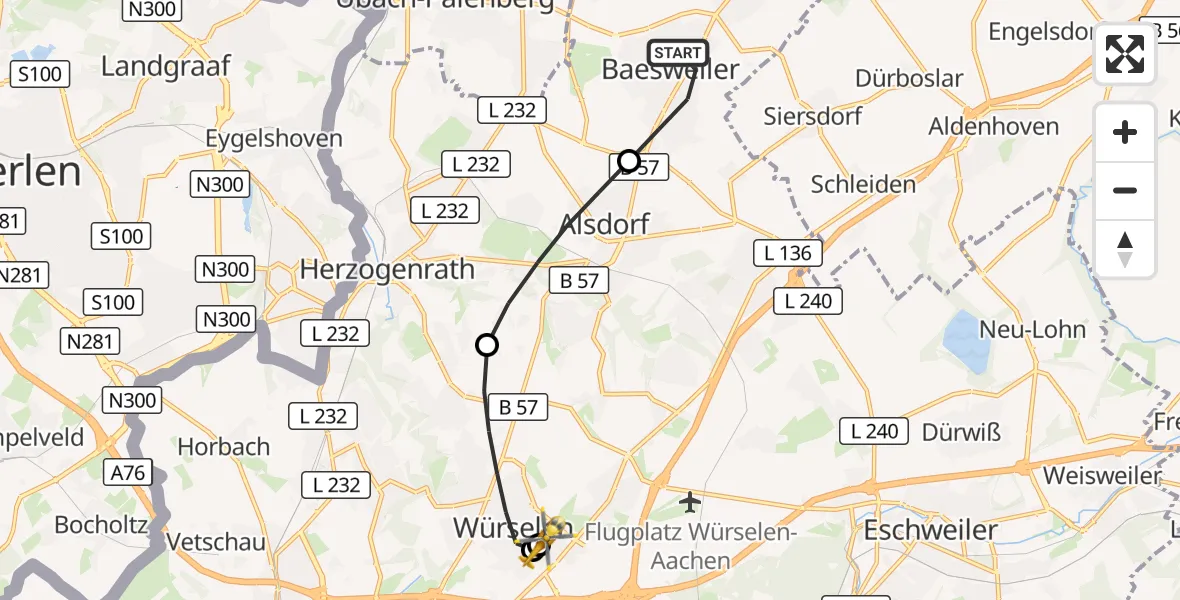 Flugroute Rettungshubschrauber Baesweiler - Rhein-Maas Hospital, 11 August 2026, 15:11