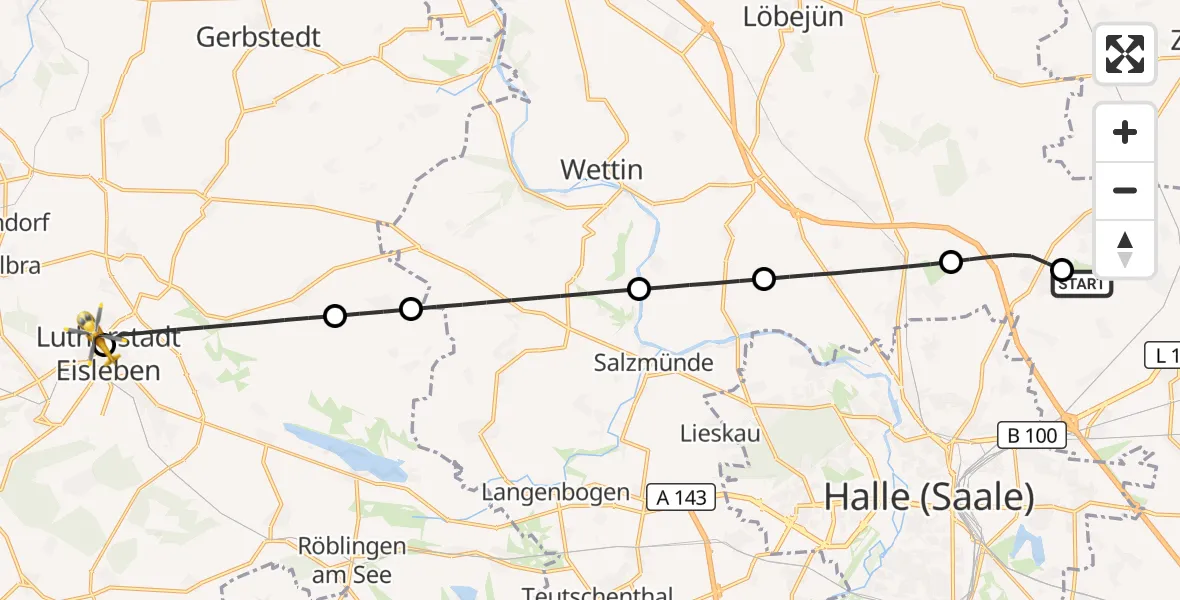 Flugroute Rettungshubschrauber Halle-Oppin Flugplatz - Helios Hospital Lutherstadt Eisleben, 11 August 2026, 15:11