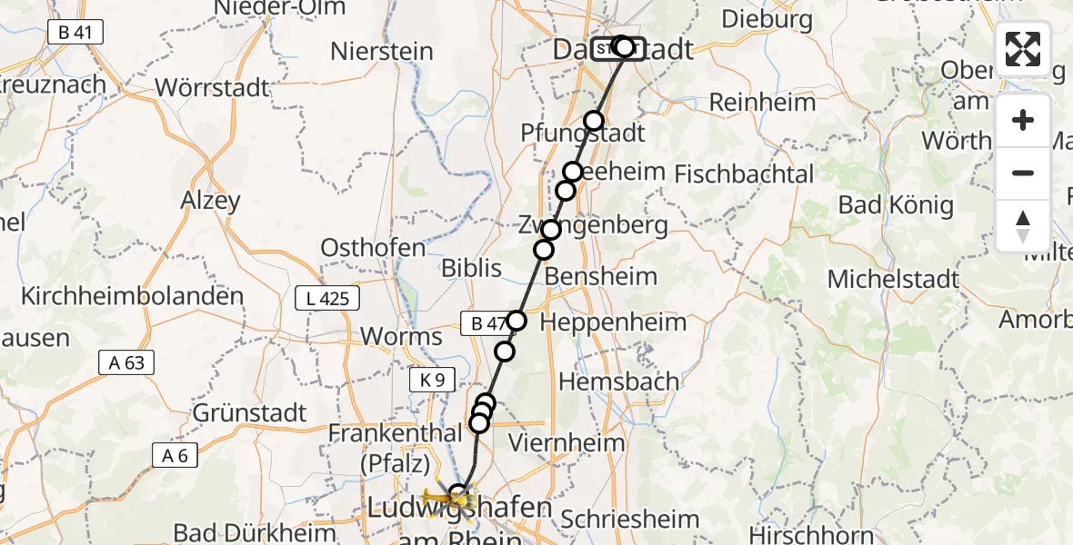 Flugroute Rettungshubschrauber Darmstadt Hospital - Ludwigshafen am Rhein, 11 August 2026, 15:15