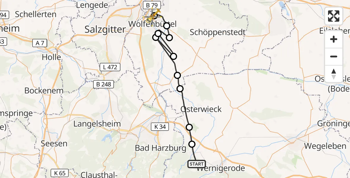 Flugroute Rettungshubschrauber Ilsenburg (Harz) - Wolfenbüttel Municipal Hospital Heliport (Christoph 30), 11 August 2026, 15:18