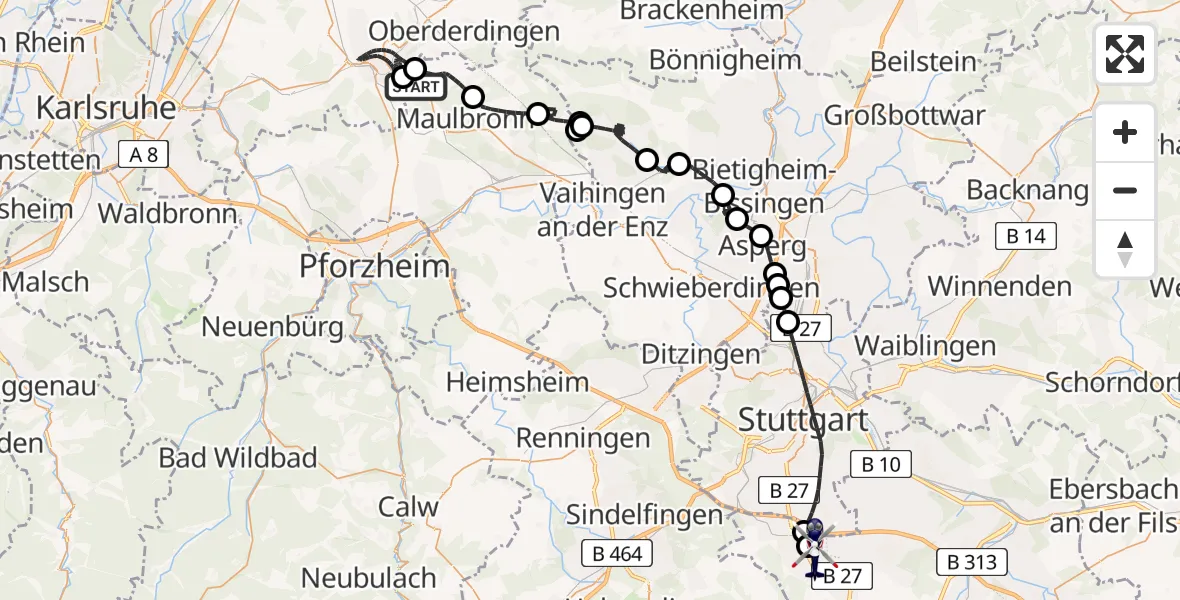 Flugroute Polizeihubschrauber Knittlingen - Flughafen Stuttgart, 11 August 2026, 15:20