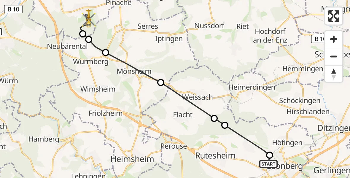 Flugroute Rettungshubschrauber Leonberg Hospital - Niefern-Öschelbronn, 11 August 2026, 15:22