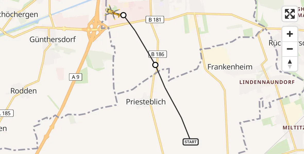 Flugroute Rettungshubschrauber Markranstädt - ADAC Air Rescue Station Leipzig/Schkeuditz-Dölzig Hubschrauberlandeplatz (Christoph 61), 11 August 2026, 15:37