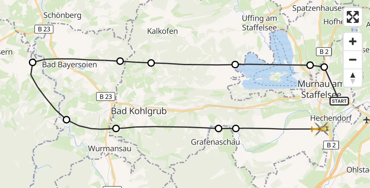 Flugroute Rettungshubschrauber Murnau Accident Hospital - Murnau a.Staffelsee, 11 August 2026, 15:42