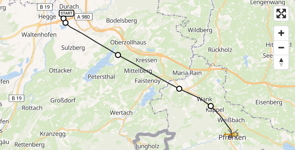 Flugroute Rettungshubschrauber Kempten-Durach Flugplatz - Pfronten, 11 August 2026, 15:43