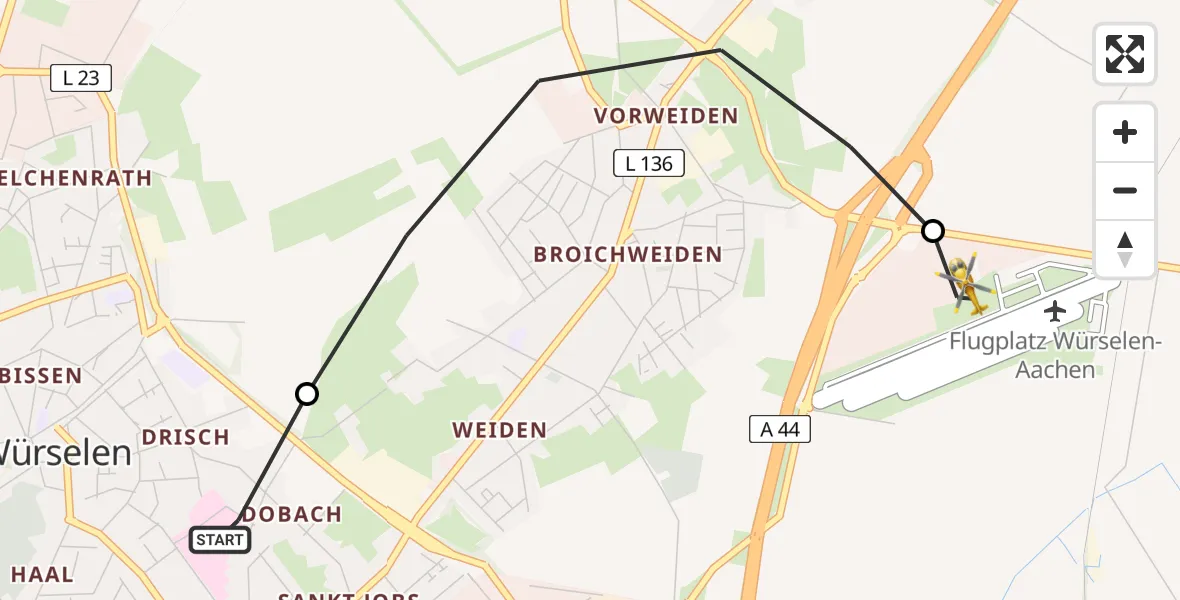 Flugroute Rettungshubschrauber Rhein-Maas Hospital - Aachen-Merzbrück Flughafen, 11 August 2026, 15:43