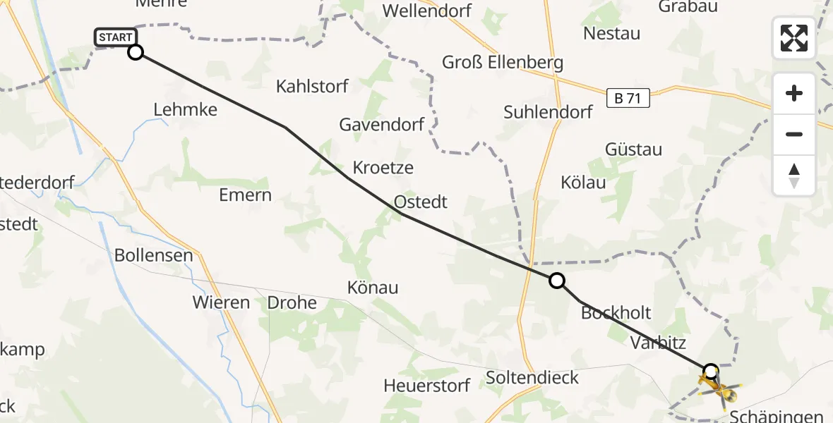 Flugroute Rettungshubschrauber Uelzen - Schnega, 11 August 2026, 15:50