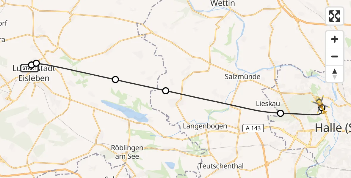 Flugroute Rettungshubschrauber Helios Hospital Lutherstadt Eisleben - Halle (Saale) University Hospital, 11 August 2026, 15:57