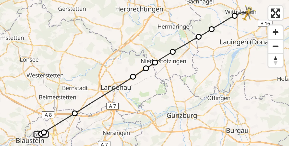 Flugroute Rettungshubschrauber Ulm Military Hospital Emergency - Wittislingen, 11 August 2026, 16:01