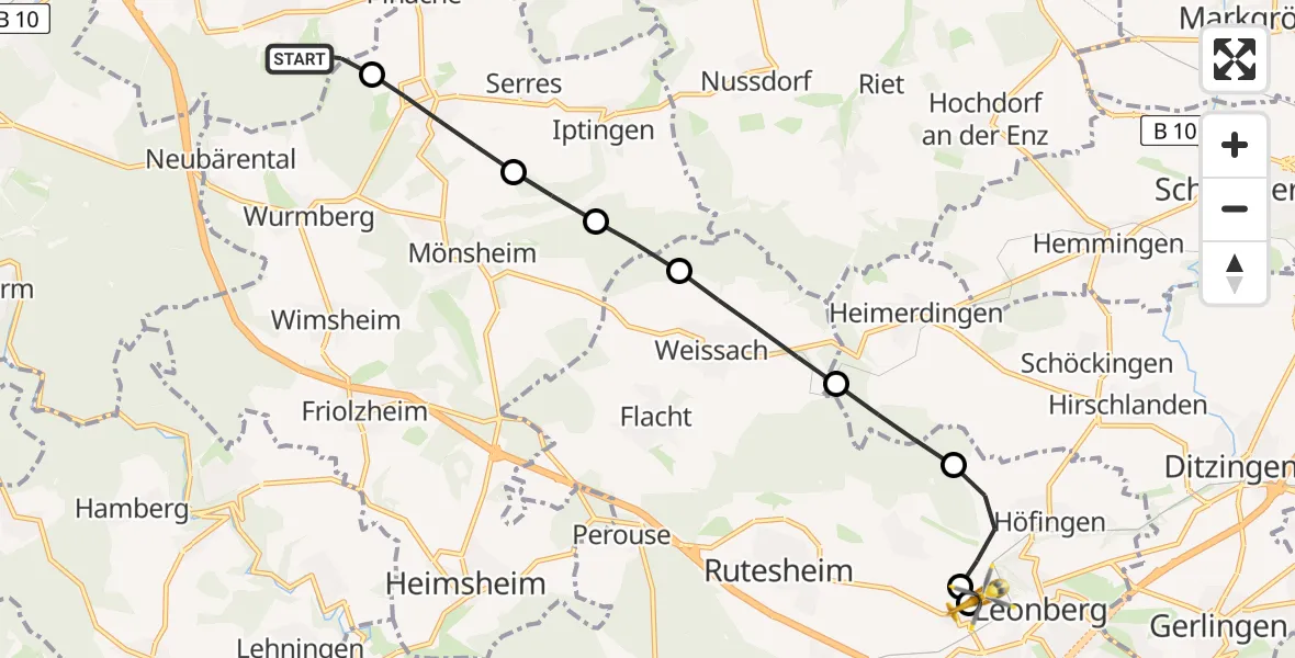 Flugroute Rettungshubschrauber Niefern-Öschelbronn - Leonberg Hospital, 11 August 2026, 16:04
