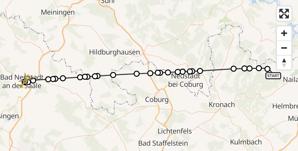 Flugroute Ambulanzhubschrauber Geroldsgrün - Bad Neustadt an der Saale Hospital, 11 August 2026, 16:05