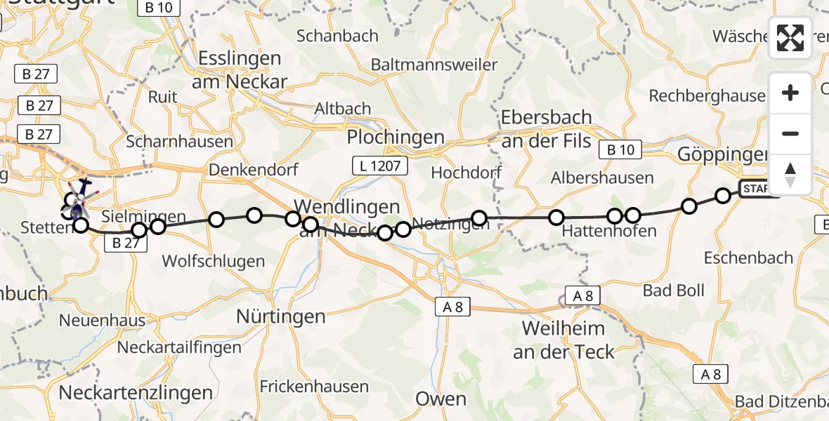 Flugroute Polizeihubschrauber Göppingen - Flughafen Stuttgart, 11 August 2026, 16:05