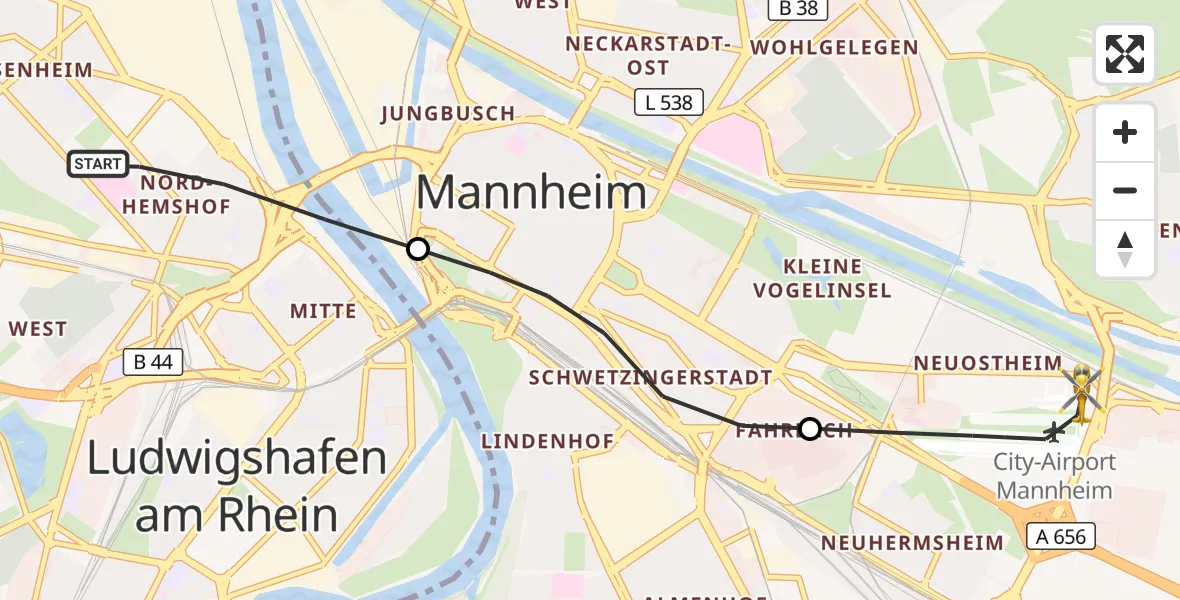 Flugroute Rettungshubschrauber Ludwigshafen am Rhein - Mannheim-City Flughafen, 11 August 2026, 16:06