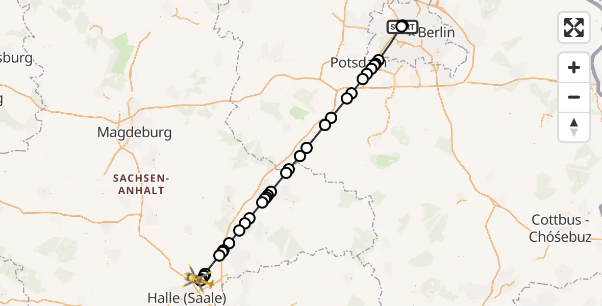 Flugroute Rettungshubschrauber Charité Clinic Virchow Campus - Halle-Oppin Flugplatz, 11 August 2026, 16:15