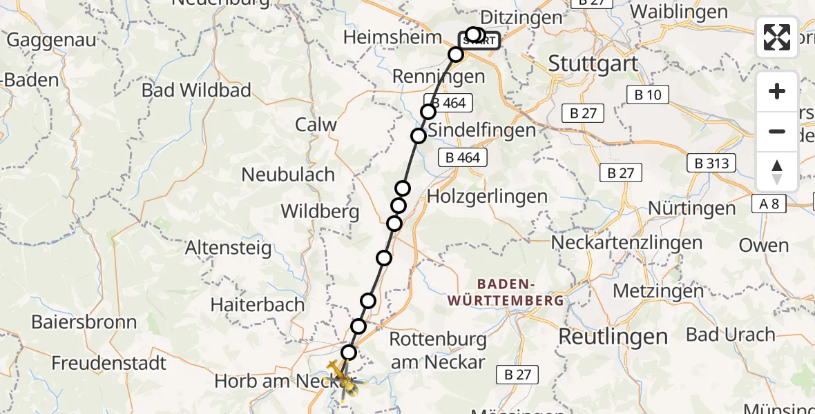 Flugroute Rettungshubschrauber Leonberg Hospital - Eutingen im Gäu, 11 August 2026, 16:20