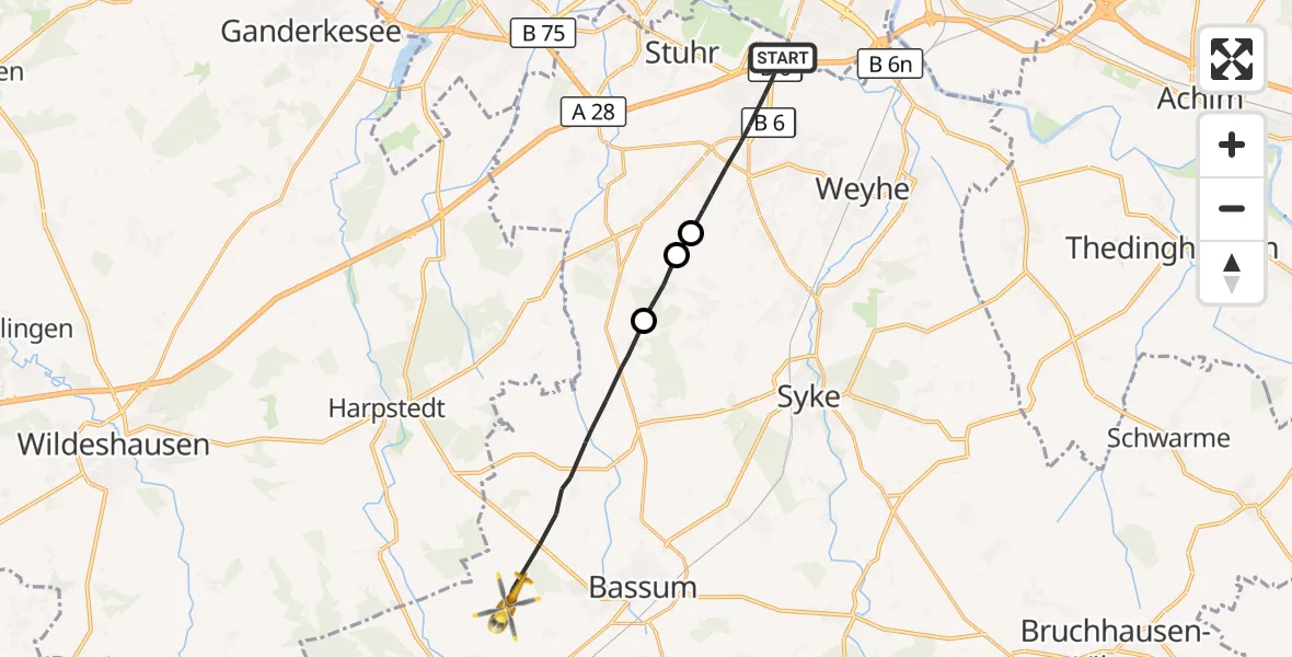 Flugroute Rettungshubschrauber Stuhr - Bassum, 11 August 2026, 16:22