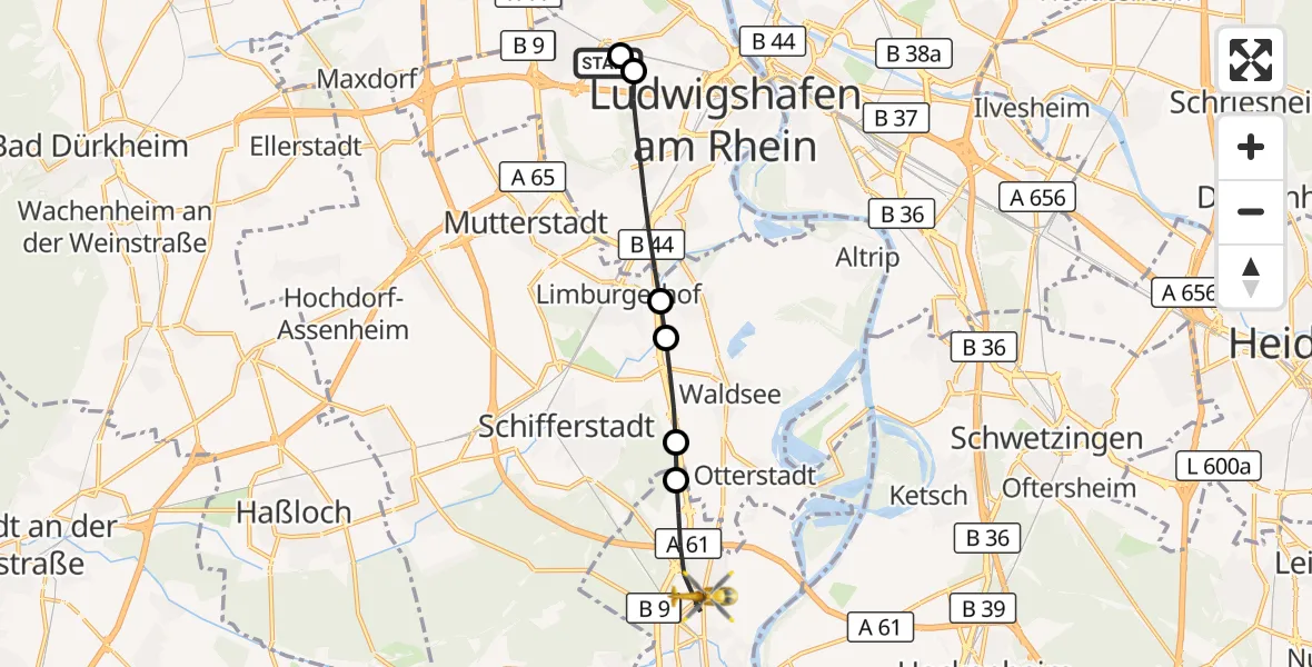 Flugroute Rettungshubschrauber Ludwigshafen Accident Hospital - Speyer, 11 August 2026, 16:27