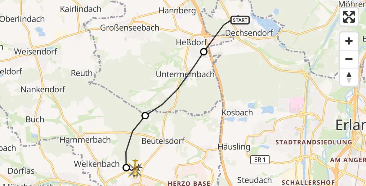 Flugroute Ambulanzhubschrauber Erlangen - Herzogenaurach Flugplatz, 11 August 2026, 16:32