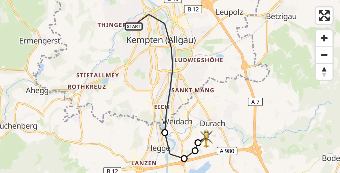 Flugroute Rettungshubschrauber Kempten (Allgäu) - Kempten-Durach Flugplatz, 11 August 2026, 16:37