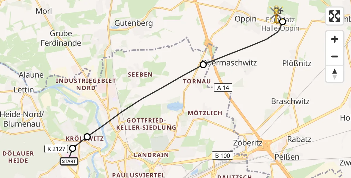 Flugroute Rettungshubschrauber Halle (Saale) University Hospital - Halle-Oppin Flugplatz, 11 August 2026, 16:38