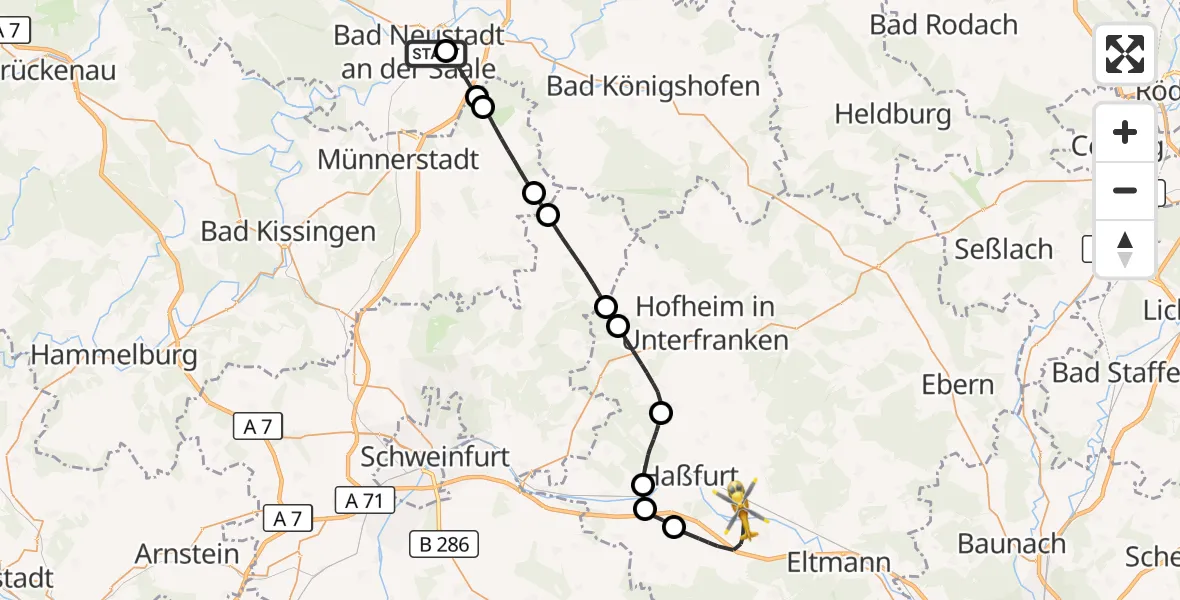 Flugroute Ambulanzhubschrauber Bad Neustadt an der Saale Hospital - Zeil a.Main, 11 August 2026, 16:47