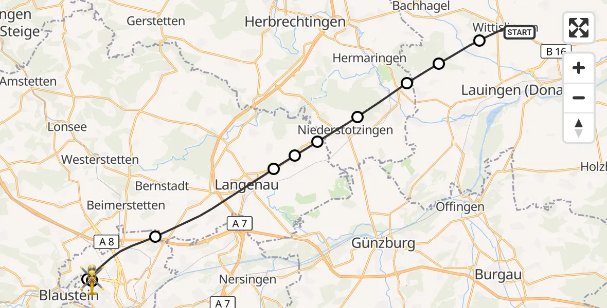 Flugroute Rettungshubschrauber Wittislingen - ADAC Air Rescue Station Ulm (Christoph 22), 11 August 2026, 16:48