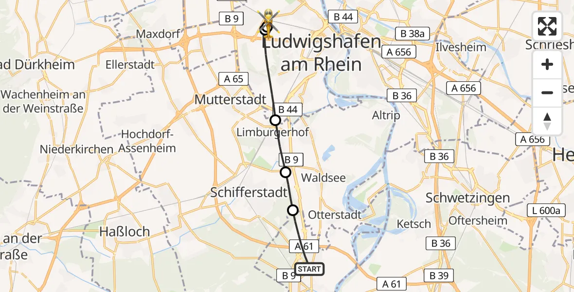 Flugroute Rettungshubschrauber Speyer - Ludwigshafen Accident Hospital, 11 August 2026, 16:55