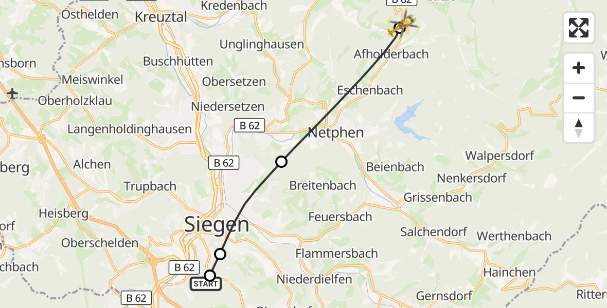 Flugroute Rettungshubschrauber Evangelisches Jung-Stilling Hospital - Hilchenbach, 11 August 2026, 16:59