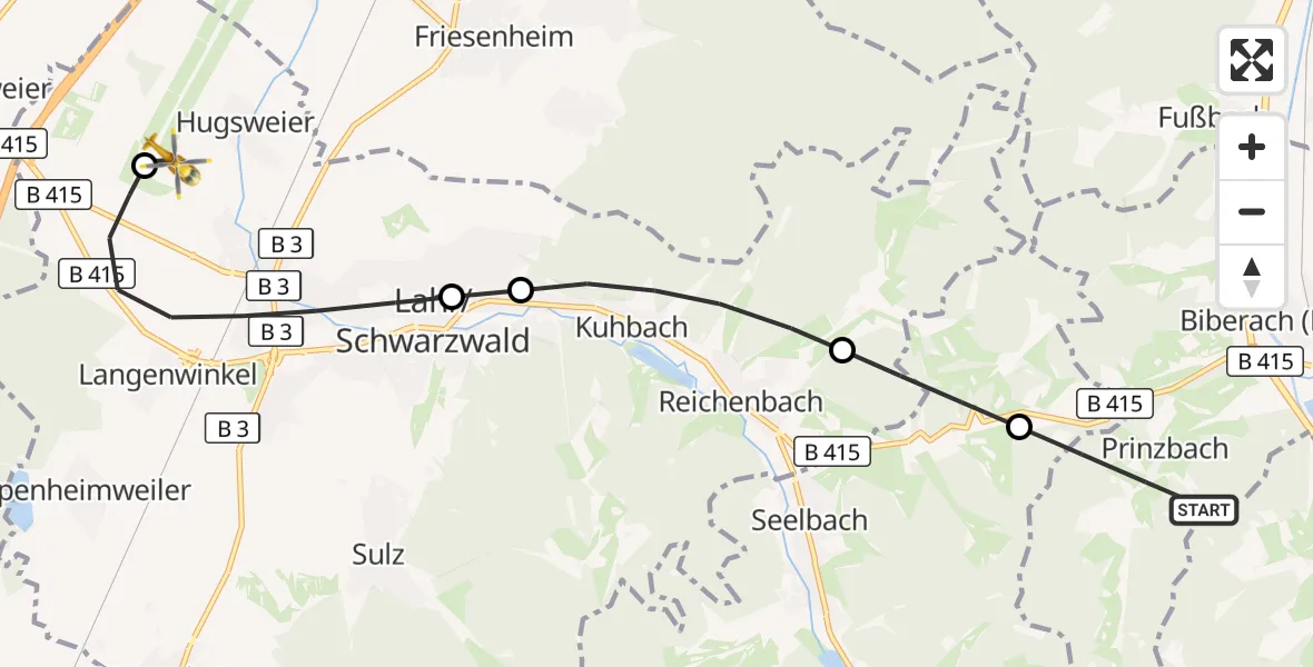 Flugroute Rettungshubschrauber Biberach - Lahr Flughafen, 11 August 2026, 17:00