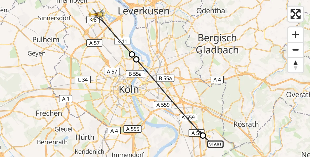 Flugroute Rettungshubschrauber Köln Bonn Flughafen - Köln, 11 August 2026, 17:03