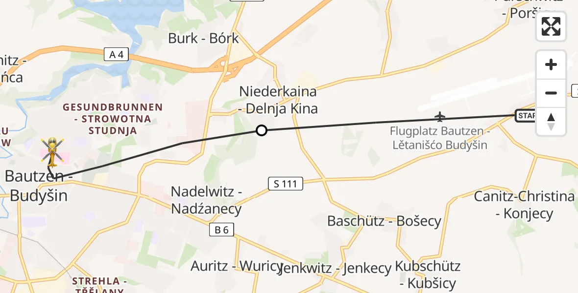 Flugroute Rettungshubschrauber Kubschütz - Bautzen, 11 August 2026, 17:03