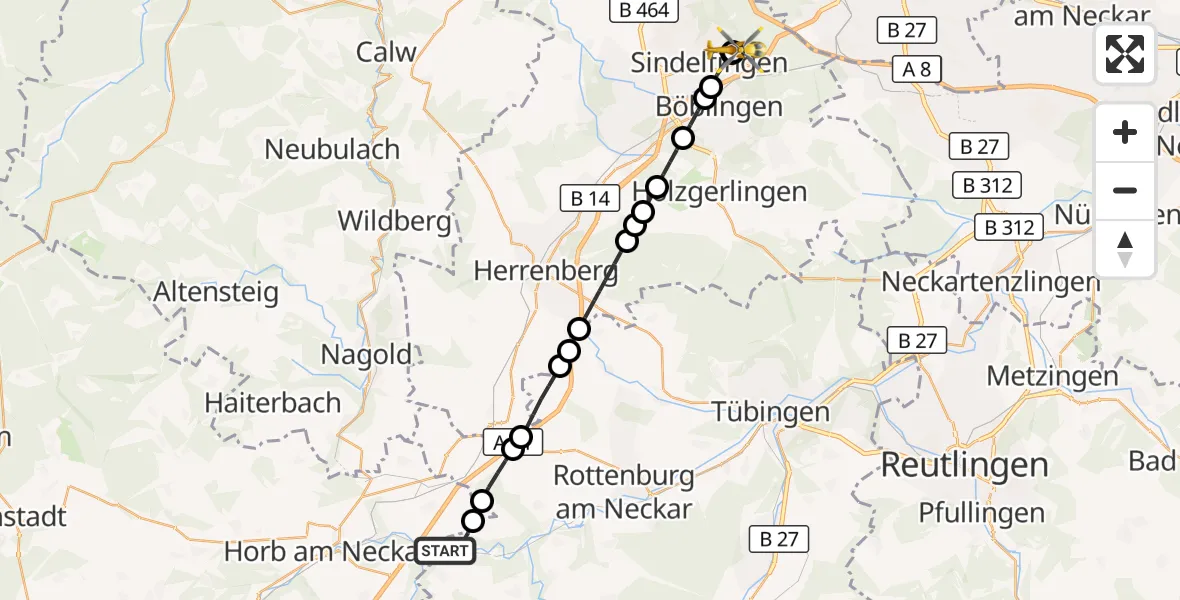Flugroute Rettungshubschrauber Starzach - Sindelfingen Hospital, 11 August 2026, 17:05