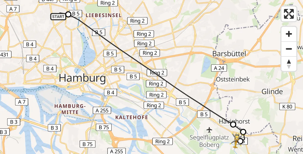 Flugroute Ambulanzhubschrauber Universitätsklinikum Hamburg-Eppendorf Hubschrauberlandeplatz - Christoph Hansa ADAC Hubschrauberlandeplatz, 11 August 2026, 17:07