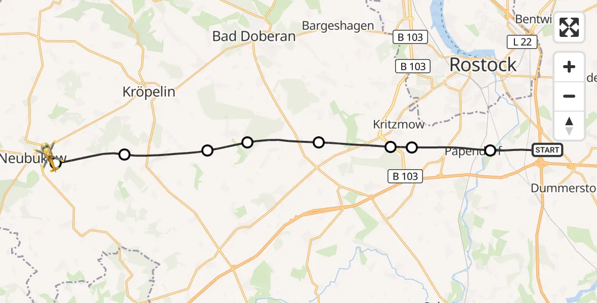 Flugroute Ambulanzhubschrauber Dummerstorf - Neubukow, 11 August 2026, 17:08