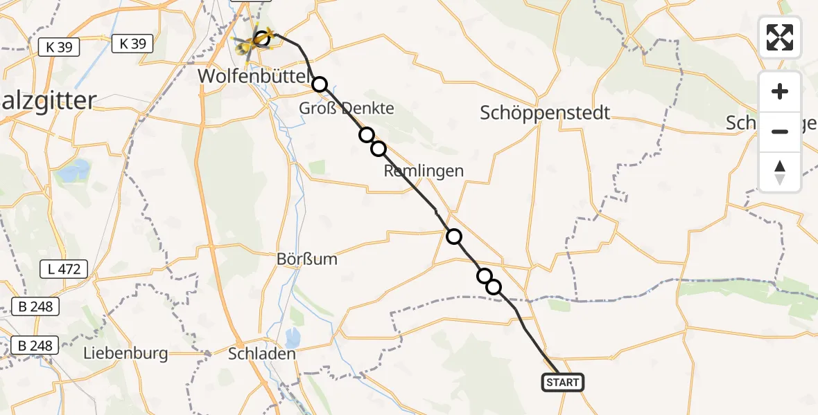 Flugroute Rettungshubschrauber Osterwieck - Wolfenbüttel Municipal Hospital Heliport (Christoph 30), 11 August 2026, 17:08