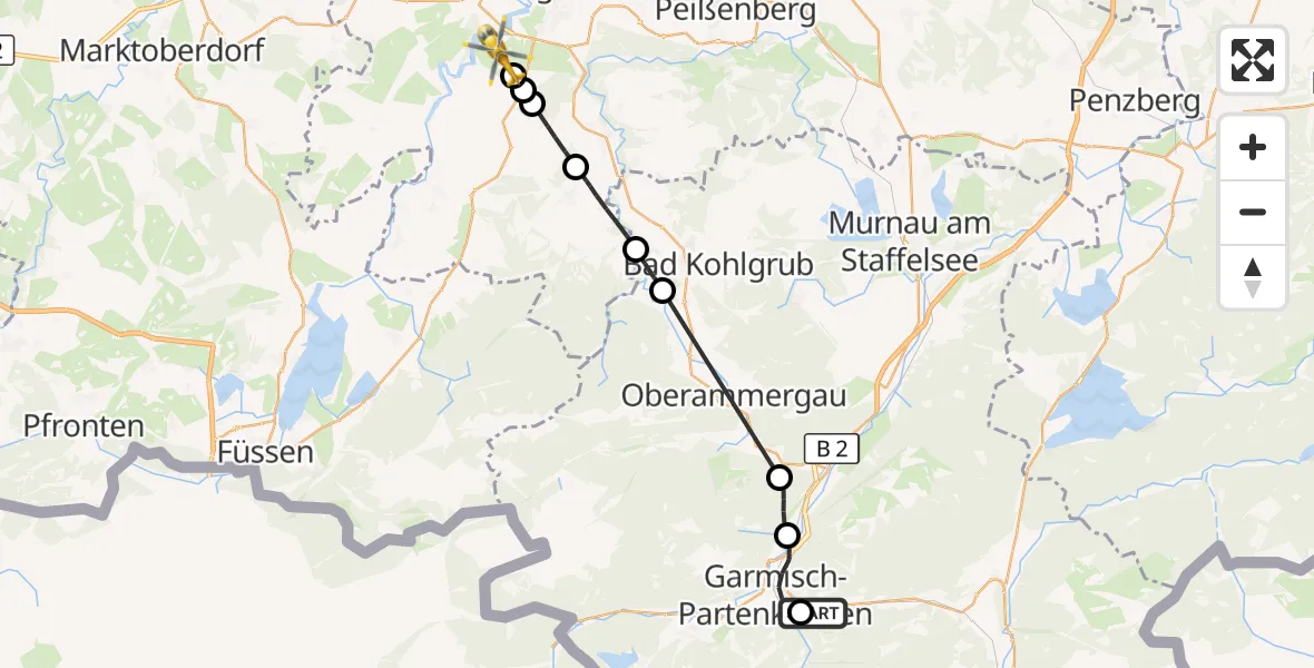 Flugroute Rettungshubschrauber Garmisch-Partenkirchen Clinic Hubschrauberlandeplatz - Peiting, 11 August 2026, 17:09