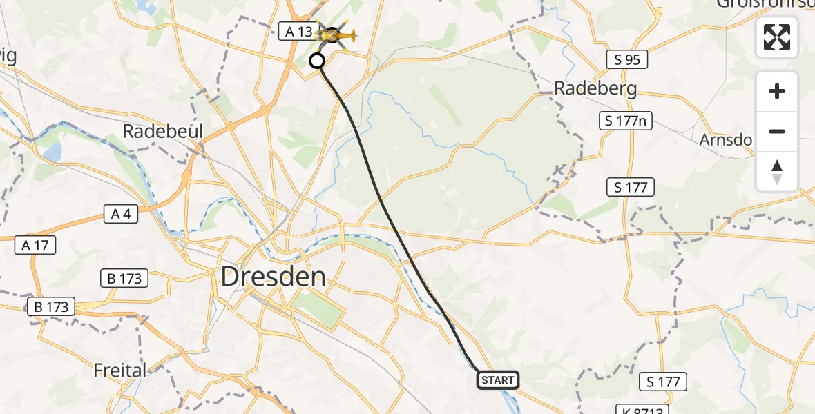 Flugroute Rettungshubschrauber Dresden - Dresden Bundespolizei Hubschrauberlandeplatz, 11 August 2026, 17:13
