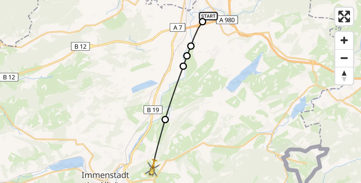 Flugroute Rettungshubschrauber Kempten-Durach Flugplatz - Rettenberg, 11 August 2026, 17:19