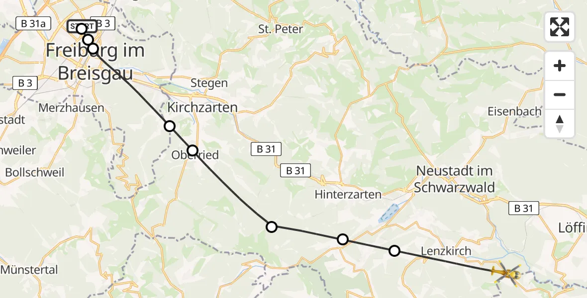 Flugroute Ambulanzhubschrauber Freiburg im Breisgau Flugplatz - Lenzkirch, 11 August 2026, 17:23