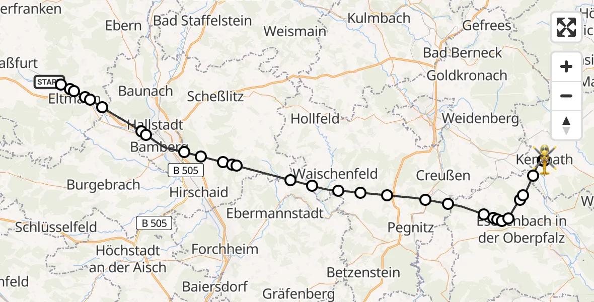 Flugroute Ambulanzhubschrauber Zeil a.Main - Nordoberpfalz Hospital Kemnath, 11 August 2026, 17:25