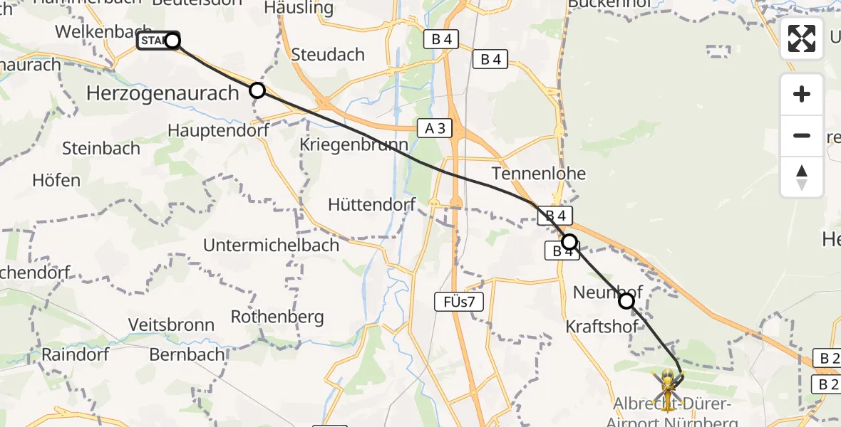 Flugroute Ambulanzhubschrauber Herzogenaurach Flugplatz - Flughafen Nuremberg, 11 August 2026, 17:26