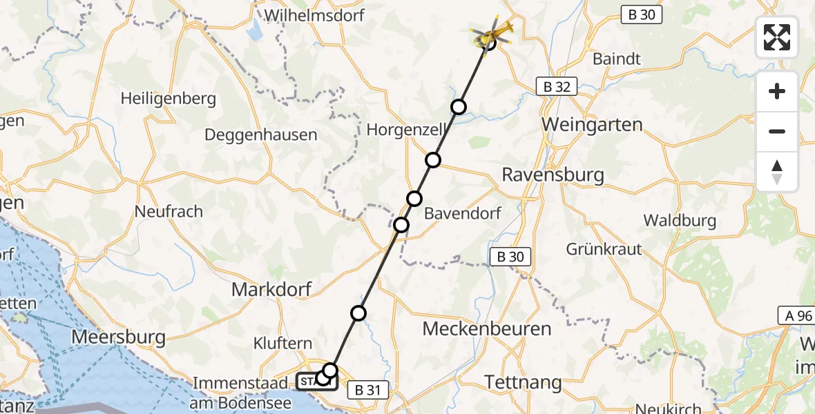Flugroute Rettungshubschrauber Friedrichshafen Hospital - Fronreute, 11 August 2026, 17:29