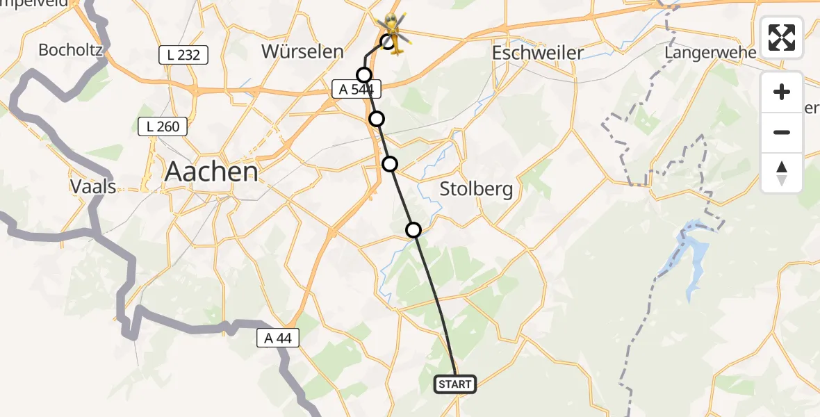 Flugroute Rettungshubschrauber Stolberg (Rhld.) - Aachen-Merzbrück Flughafen, 11 August 2026, 17:36