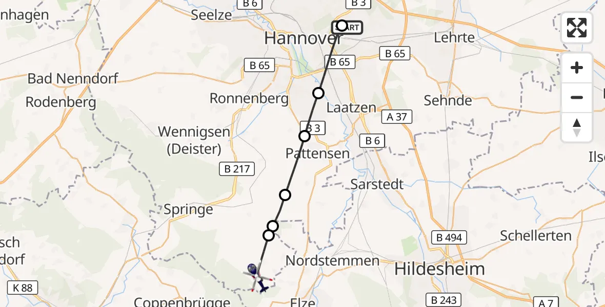 Flugroute Polizeihubschrauber Hannover Luftrettung Hubschrauberlandeplatz (Christoph 4) - Springe, 11 August 2026, 17:41