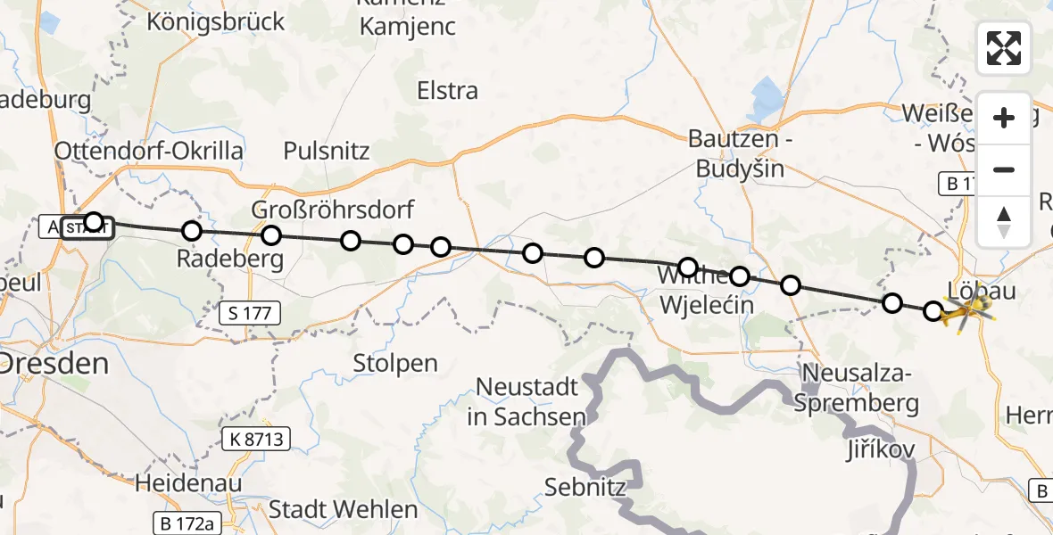 Flugroute Rettungshubschrauber Dresden Bundespolizei Hubschrauberlandeplatz - Löbau, 11 August 2026, 17:45