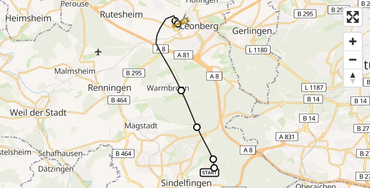 Flugroute Rettungshubschrauber Sindelfingen Hospital - Leonberg Hospital, 11 August 2026, 17:46