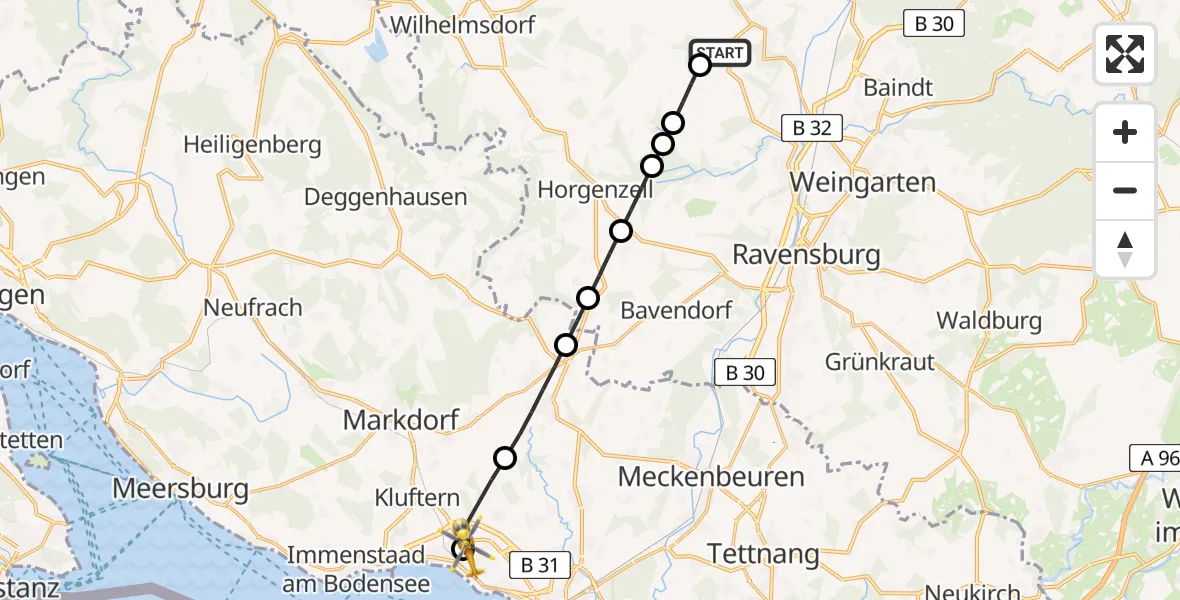 Flugroute Rettungshubschrauber Fronreute - Friedrichshafen Hospital, 11 August 2026, 17:51