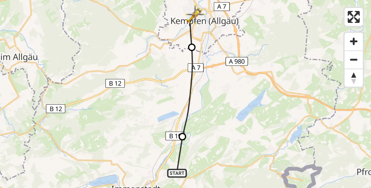 Flugroute Rettungshubschrauber Rettenberg - Kempten (Allgäu), 11 August 2026, 17:56