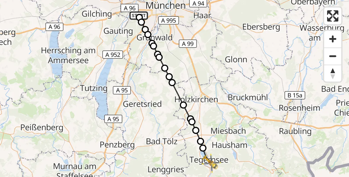 Flugroute Rettungshubschrauber DRF Air Rescue München Hubschrauberlandeplatz - Tegernsee, 11 August 2026, 18:07